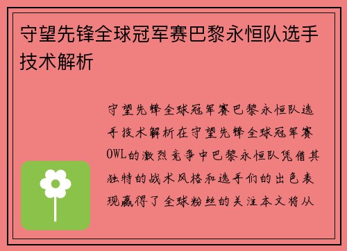 守望先锋全球冠军赛巴黎永恒队选手技术解析